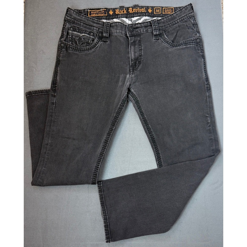 Rock Revival Ismael Straight Mens Jeans Sz 38 Black Charcoal Embroidered Buckle